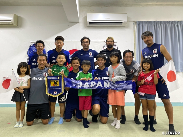 Japan Beach Soccer National Team interact with students during a visit to the Japanese School in Jeddah